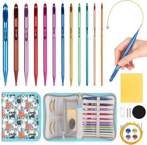 Colorful interchangeable Tunisian crochet hook set with cables